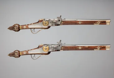 Ett par hjullåspistoler gjorda för livvakten för kurfursten av Sachsen, tyska, c1610