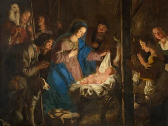 Sockenkyrka (Vår Fru av Himmelsfärdskyrkan). Interiör. målning. Julscen. Simon DePaepe. Ursprung kloster Ename (?).