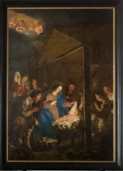 Sockenkyrka (Vår Fru av Himmelsfärdskyrkan). Interiör. målning. Julscen. Simon DePaepe. Ursprung kloster Ename (?).