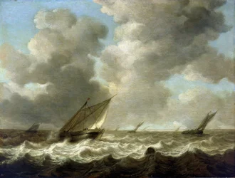 Fiskebåtar på grov sjö, i horisonten syns den holländska kusten. Olja på trä