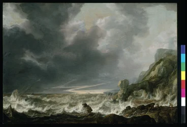 Fartyg i nöd utanför en stenig kust, ca 1645 (olja på trä)