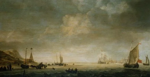 Stranden vid Scheveningen med fiskare på stranden
