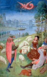 Lägg till 38126 fol.79v-80 Bebådelsen till herdarna, från Huth Hours, 485-90 (vellum)iennes (detaljer från 20281)