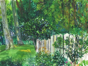 Trädgård och våtmark (akvarell, akvarellpenna och grafit på papper)