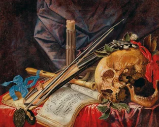 Vanitas stilleben med viola, klarinett, dödskalle, partitur och ljus.