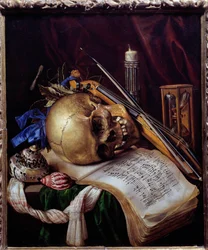 Vanitasstilleben med skalle, notblad, musikinstrument, snäckor och timglas. 1650. Mått: 0,52 x 0,44 m. Marseille, Musée des Beaux-Arts