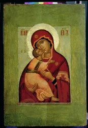 Den ödmjuka madonnan från Vladimir, rysk ikon (tempera på panel)