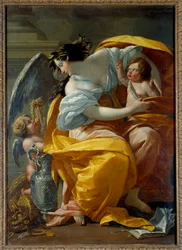 Allegorisk framställning av rikedom. En kvinna, symbol för Fortuna och överflöd, omgiven av putti och smycken. Målning av Simon Vouet (1590-1649), 1600-talet, 1,7 x 1,2 m