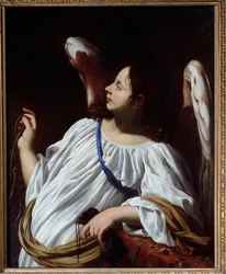 Ängeln har repet och handväskans instrument från Kristi passion. Detalj av en målning av Simon Vouet (1590-1649) Privatsamling från 1600-talet