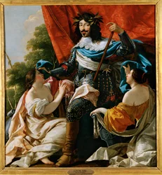Ludvig XIII mellan två kvinnor som symboliserar Frankrike och Navarra...