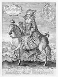 Ryttarporträtt av Anne av Danmark (1574-1619), graverat av konstnären, publicerat av Compton Holland, 1616.