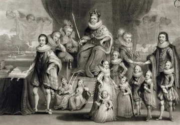 Hans Majestät James I och hans kungliga avkomma tillsammans med familjen till kungen av Böhmen, graverad av Charles Turner (1773-1857), 1814