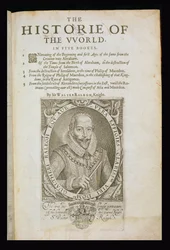 Porträtt av Sir Walter Raleigh (1554-1618), titelsida från "The Historie of the World" av Sir Walter Raleigh.