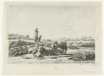 Landskap med en herdinna och hund med en flock får