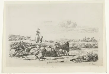 Landskap med herdinna och hund med flock får