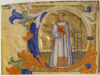 Manuskriptbelysning med Saint Lawrence i ett initialt C, från en Gradual, italiensk, ca. 1380-90.