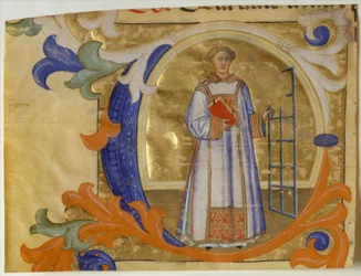 Handskriftsillumination med Sankt Lars i initialen C, ur ett gradual, omkring 1380-90.
