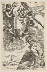 Allegori över Foglia-floden med staden Pesaros vapensköld, frontispice för ..., ca. 1639.
