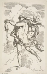 Förmögenhet som står på en jordglob och tömmer en plånbok på mynt, ca. 1635-1636.