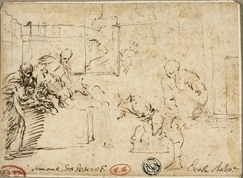Interiör med manlig nakenbild omgiven av fem figurer