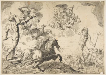 Jupiter, Neptunus och Pluto erbjuder sina kronor till kardinal Borgheses armar, 1642-43.