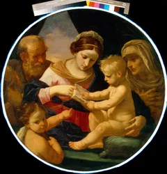 Den heliga familjen med Johannes döparen och den heliga Elizabeth. Målning av Simone Cantarini (1612-1648), olja på duk
