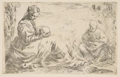 Vila på flyget till Egypten, Maria håller och tittar på spädbarnet Kristus medan St...., ca. 1637.