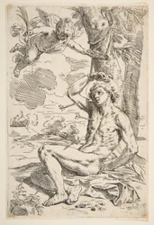 Saint Sebastian genomborrad med pilar och bunden till ett träd, ca. 1639.