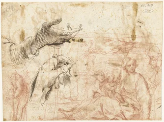 Skissblad med olika kompositioner, inklusive två händer