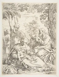Den heliga familjen vilar på sin flykt till Egypten, ca. 1637-1639.