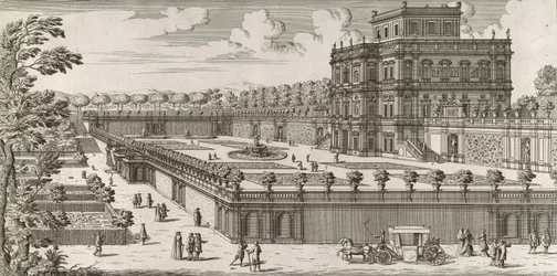 Utsikt över fasaden på Palazzo Pamphili och dess trädgård Secondo Prospetto Pe..., efter