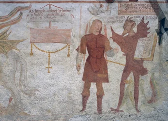 Ärkeängeln Mikael och djävulen med boken om de sju dödssynderna, detalj från Dödsdansen