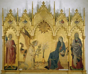 Annunciation (med Saint Judith och Saint Ansano) - Tempera på trä