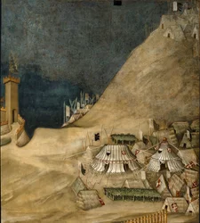 Detalj av militärlägret bakom Guido Riccio da Fogliano, under erövringen av slottet Montemassi, 1328 (fresk)