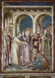 Fresk av Saint Martins liv. Saint Martin är en riddare, detalj. Festen Saint Martin de Tours och musikerna. Målning av Simone Martini (1280-1344). Fresk