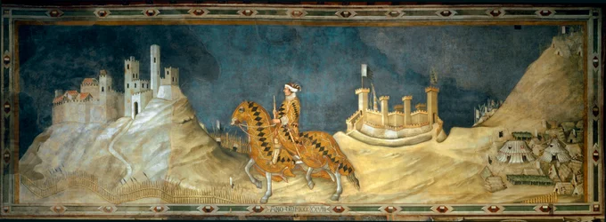 Guidoriccio da Fogliano. representation av Guido Riccio da Fogliano (död 1352), befälhavare (condottiero) för Sienas armé, under erövringen av slottet Montemassi i Maremma (Maremma) 1328. Målning av Simone Martini (1280-1344)