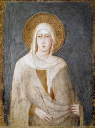 Saint Margarita of Antioch (tidigare känd som St. Clair) Fresco av Simone Martini Dim. 120 cm. Omkring 1322. Assisi (Assisi), nedre basilikan San Francesco (Saint Francois), högra tvärskeppet. Italien ©Luisa Ricciarini/Leemage