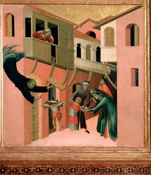 Den italienska munken Agostino Novello säger att det Panormitano och representationen av fyra av hans mirakel barnet som faller från balkongen, - tempera på panelen