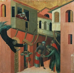 Miraklet med barnet som föll från balkongen, detalj ur altartavlan med titeln ”Den salige Agostino Novello och berättelser ur hans liv”, ca 1330, av Simone Martini (1283-1344), 200x256 cm