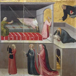 Miraklet med barnet som faller ur sin vagga: de tre kvinnorna som samtalar längst ned i scenen. Del av triptyken Historien om den helige Augustinus eremit
