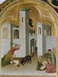 Barnets mirakel griper tag mellan huggtänderna på en varg. Del av triptyken History of Eremit of St. Augustine (Tempera på trä