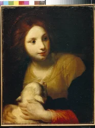 Saint Agnes. (Agnes av Rom, född 290, martyr omkring 304). Målning av Simone Pignoni (1611-1698), olja på duk. Italiensk konst (Florens)