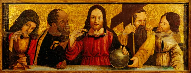 Nattvarden, detalj från predellan i en polyptyk av Simone da Firenze, målning på trä, S:t Peter och Pauls kyrka, San Chirico Raparo, Potenza, Italien.