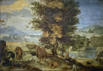 Landskap med herde och djur (olja på koppar)