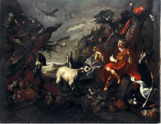 Orphee and the Animals Målning av entourage av Sinibaldo Scorza (1589-1631) Sön.101,5x129 cm Gener, nya gatumuseer