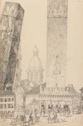 Album med 30 vyer i Tyrolen och Italien: Lutande tornen, Statyn av St. Franciskus, Bologna 12 november 1840