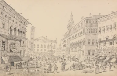 Album med 30 vyer i Tyrolen och Italien: Torget i Bologna, katedralen och palatset för påvens legat 12 november 1840