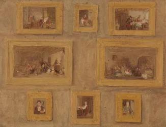 Det enda barnet; Judarnas Harpa; The Cut Finger; Blindbock; Hyresdagen; The Scotch Piper; Prieu-Dieu; och självporträtt: en skiss av de åtta målningarna inramade och hängande på en vägg