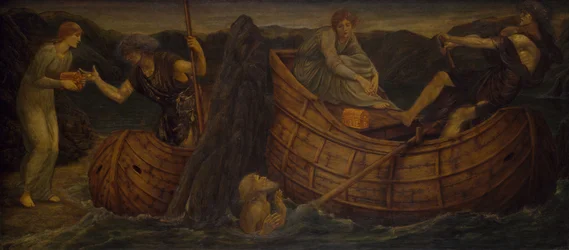 Cupid och Psyche - Palace Green Murals - Psyche som ger myntet till färjemannen på Styx, 1881.