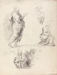 Ark med figurstudier från Rafaels disputation (med separat ark med inskription)